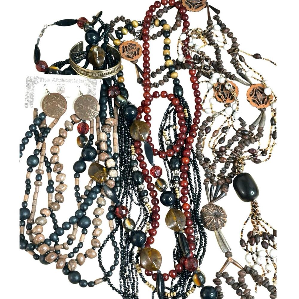 Bohemian Southwestern Festival Vibes Mixed Jewelry Lot Dark Natural Neutral Tone